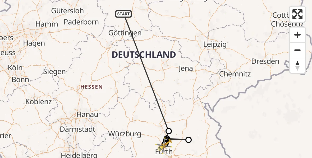 Flugroute Rettungshubschrauber Einbeck - Erlangen, 13 Mai 2026, 09:26