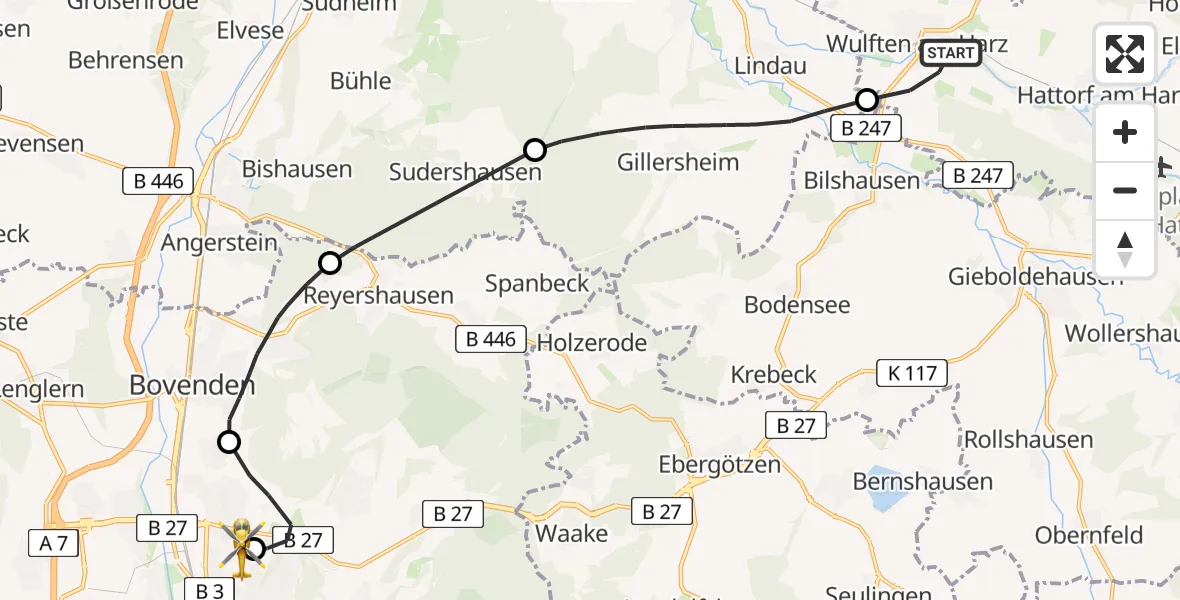 Flugroute Rettungshubschrauber Wulften am Harz - Göttingen University Clinic Hubschrauberlandeplatz, 13 Mai 2026, 09:26