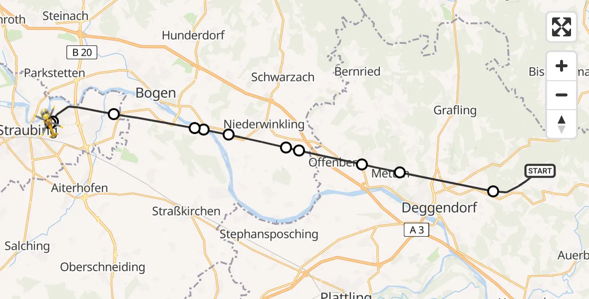 Flugroute Rettungshubschrauber Schaufling - Sankt Elisabeth Hospital Straubing, 13 Mai 2026, 09:28