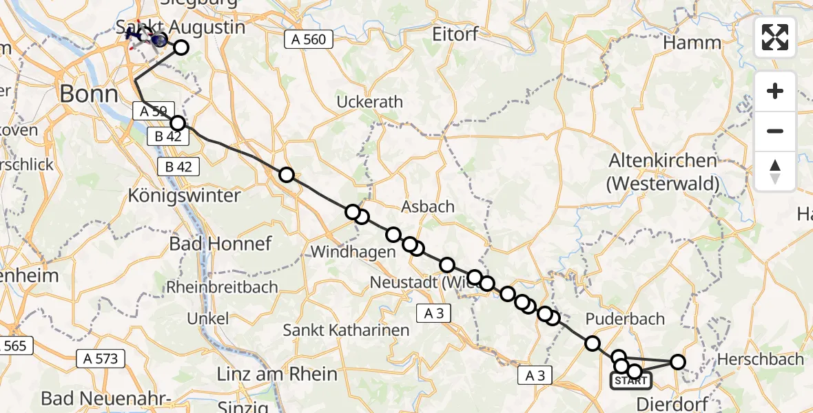 Flugroute Polizeihubschrauber Raubach - Sankt Augustin, 13 Mai 2026, 09:29