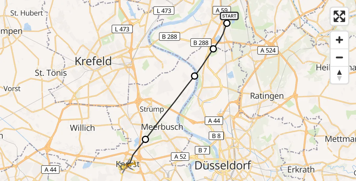 Flugroute Rettungshubschrauber Duisburg Air Rescue Hubschrauberlandeplatz (Christoph 9) - Kaarst, 13 Mai 2026, 09:30