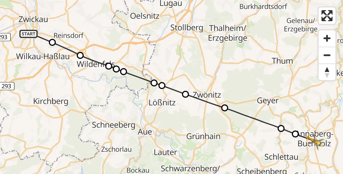 Flugroute Rettungshubschrauber Zwickau - Annaberg-Buchholz, 13 Mai 2026, 09:31