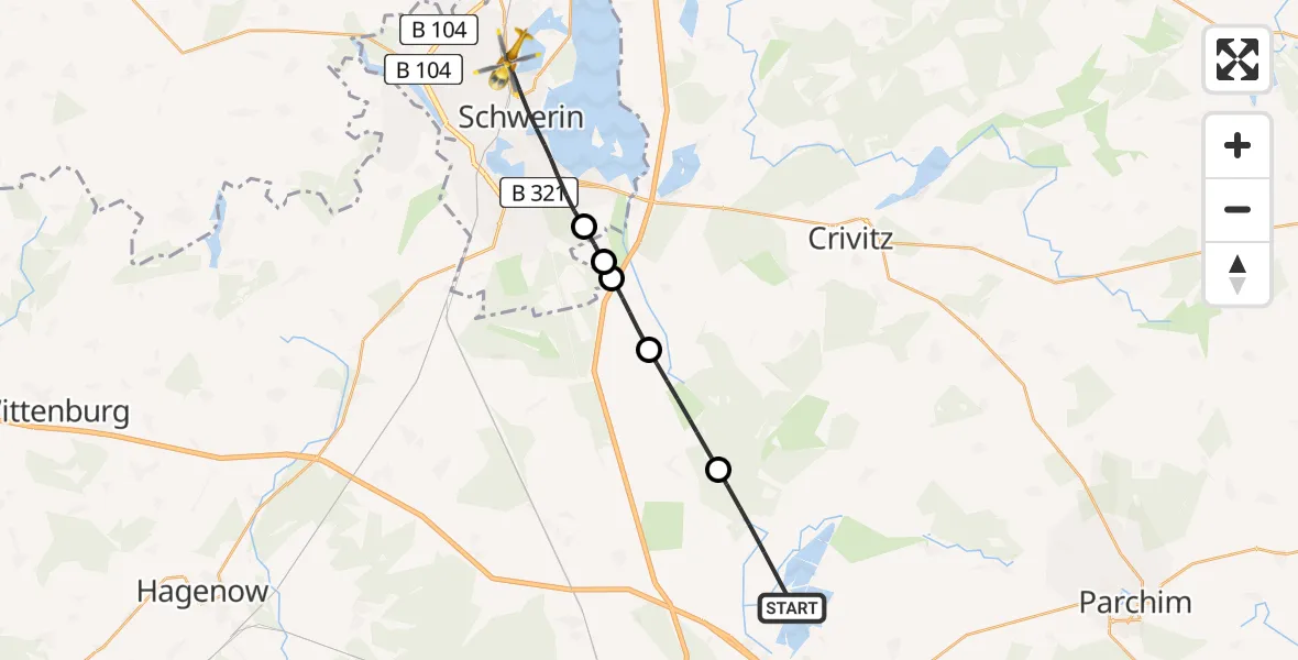 Flugroute Rettungshubschrauber Neustadt-Glewe - Schwerin, 13 Mai 2026, 09:32