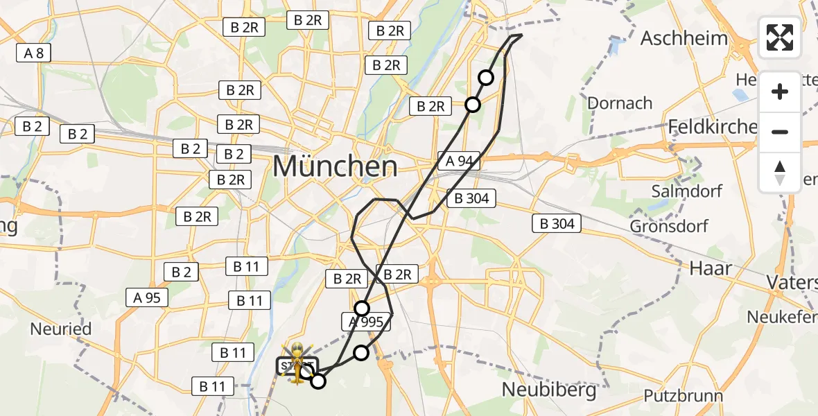 Flugroute Rettungshubschrauber ADAC Air Rescue Center Hubschrauberlandeplatz (Christoph 1) - ADAC Air Rescue Center Hubschrauberlandeplatz (Christoph 1), 13 Mai 2026, 09:32