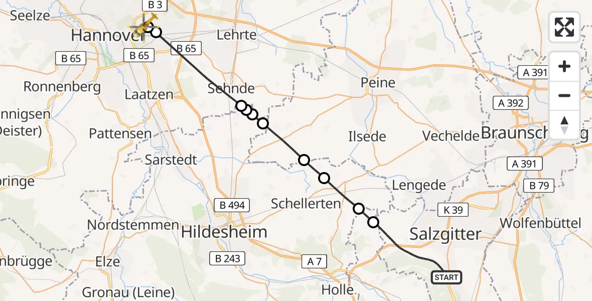 Flugroute Rettungshubschrauber Salzgitter - Hannover Luftrettung Hubschrauberlandeplatz (Christoph 4), 13 Mai 2026, 09:33