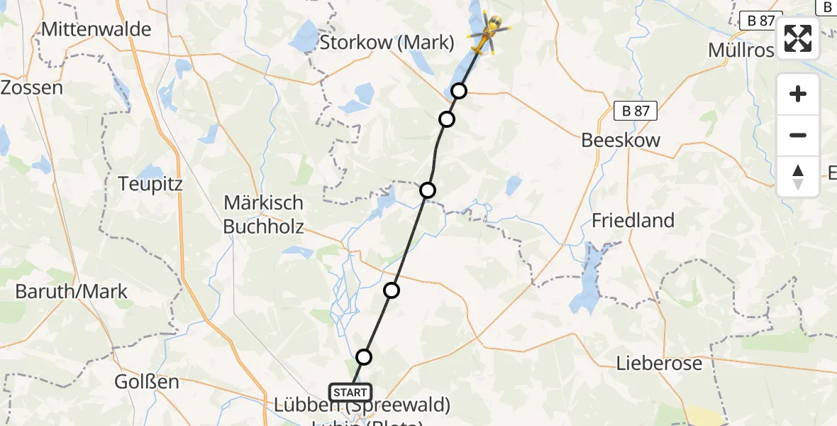 Flugroute Rettungshubschrauber Lübben (Spreewald) - Bad Saarow, 13 Mai 2026, 09:37