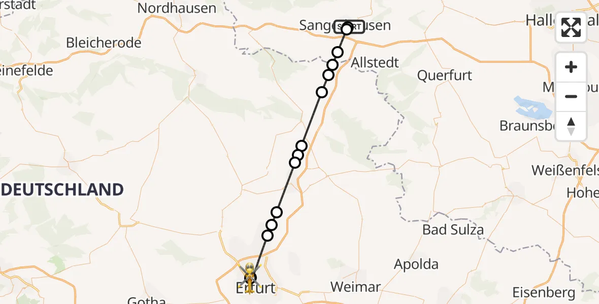 Flugroute Rettungshubschrauber Helios Clinic Mansfeld-Südharz - Helios Clinic Erfurt, 13 Mai 2026, 09:37