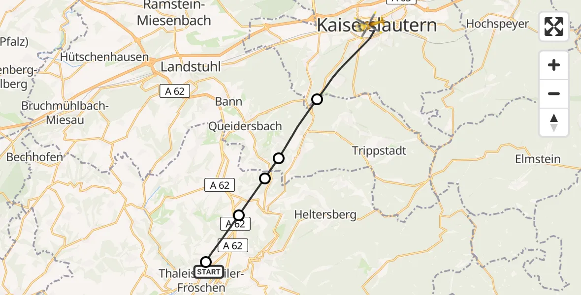 Flugroute Rettungshubschrauber Thaleischweiler-Fröschen - Westpfalz Hospital Kaiserslautern Hubschrauberlandeplatz, 13 Mai 2026, 09:39
