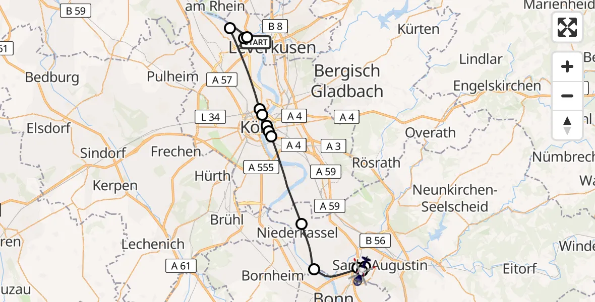Flugroute Polizeihubschrauber Leverkusen - Sankt Augustin, 13 Mai 2026, 09:42