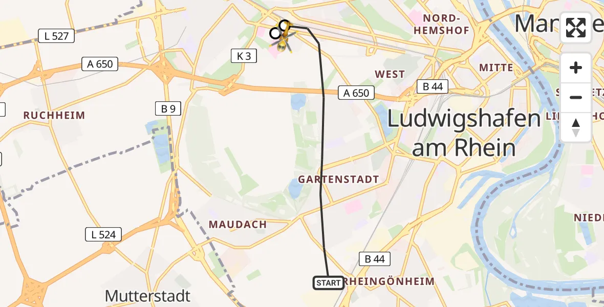 Flugroute Rettungshubschrauber Ludwigshafen am Rhein - Ludwigshafen Accident Hospital, 13 Mai 2026, 09:48