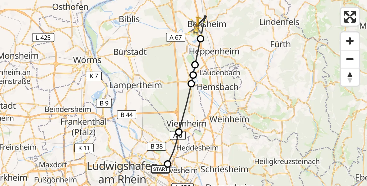 Flugroute Rettungshubschrauber Mannheim-City Flughafen - Bensheim, 13 Mai 2026, 09:49