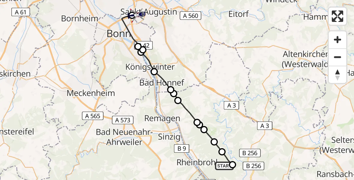 Flugroute Polizeihubschrauber Neuwied - Sankt Augustin, 13 Mai 2026, 09:49