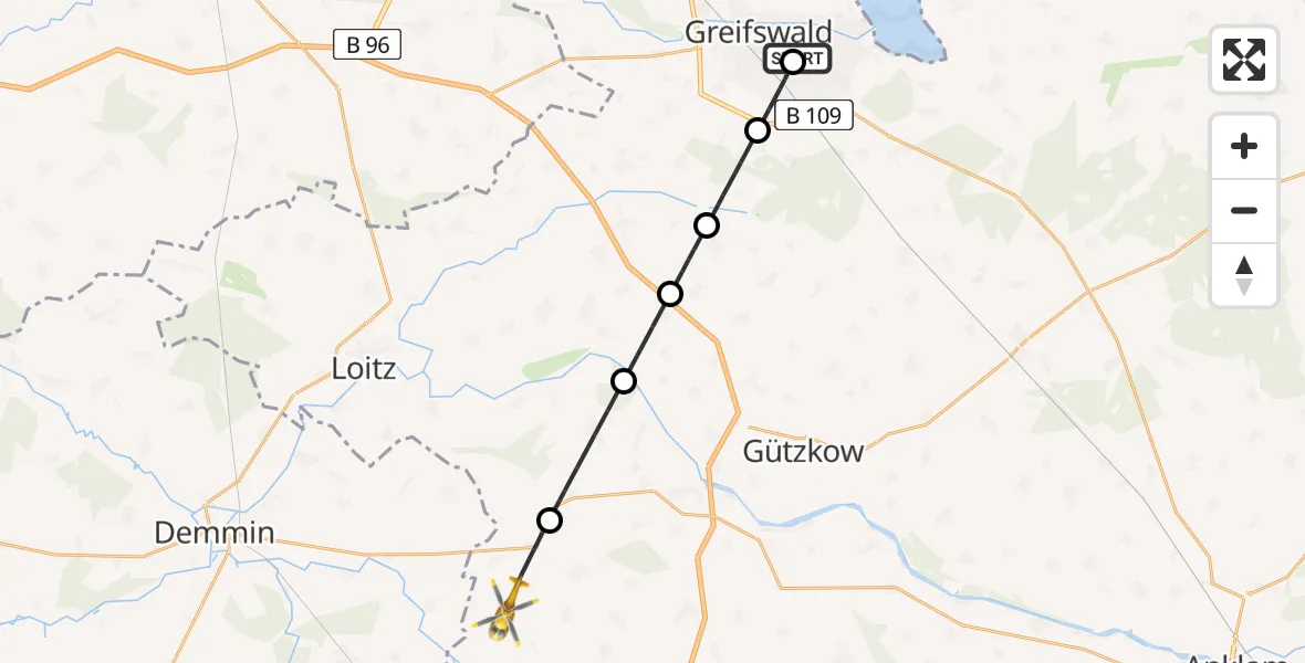Flugroute Rettungshubschrauber Greifswald Hospital - Kruckow, 13 Mai 2026, 09:50