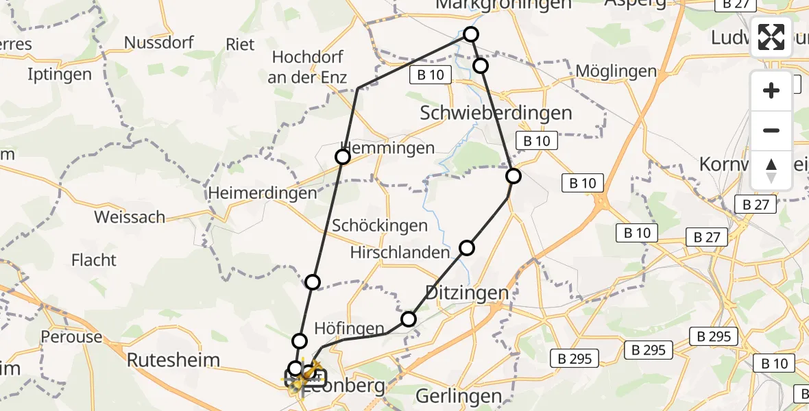 Flugroute Rettungshubschrauber Leonberg Hospital - Leonberg Hospital, 13 Mai 2026, 09:56
