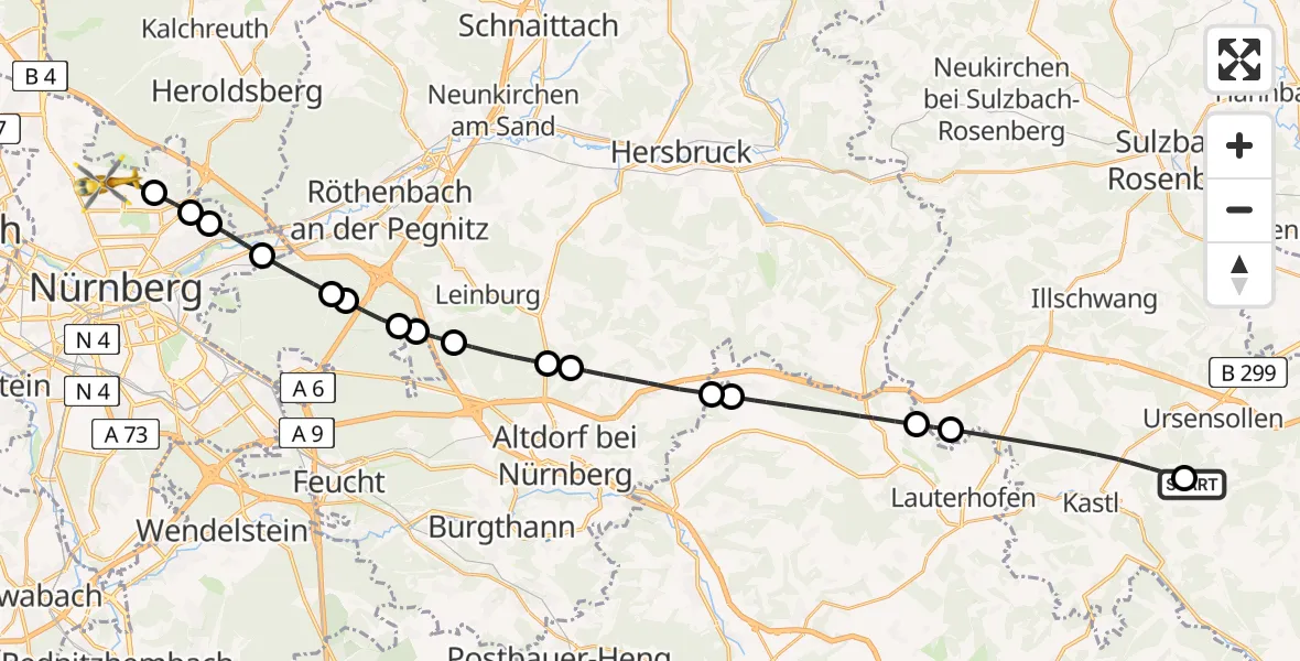 Flugroute Ambulanzhubschrauber Ursensollen - Flughafen Nuremberg, 13 Mai 2026, 09:57