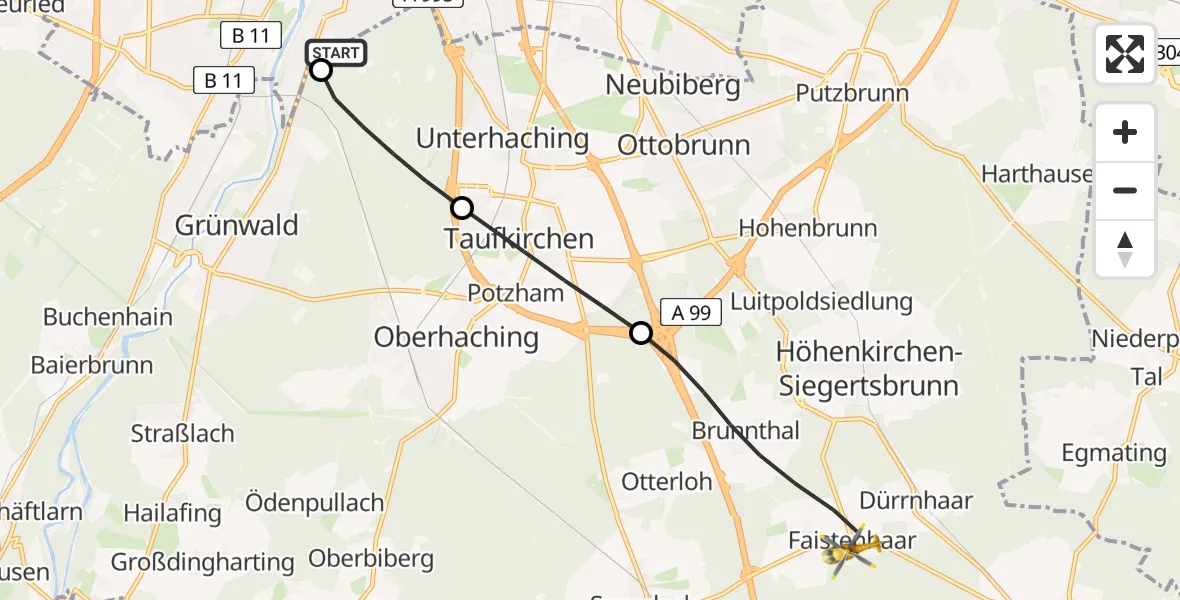 Flugroute Rettungshubschrauber ADAC Air Rescue Center Hubschrauberlandeplatz (Christoph 1) - Brunnthal, 13 Mai 2026, 10:00