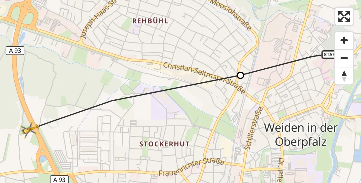 Flugroute Rettungshubschrauber Weiden Hospital - Weiden i.d.OPf., 13 Mai 2026, 10:02
