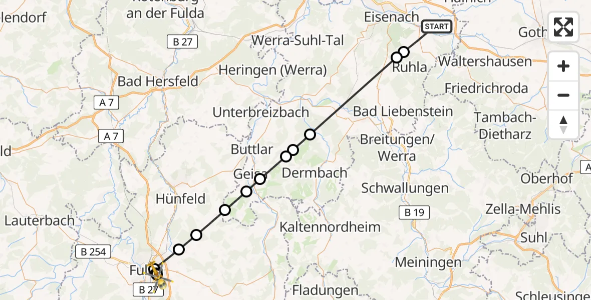 Flugroute Rettungshubschrauber Wutha-Farnroda - Fulda Hospital, 13 Mai 2026, 10:03