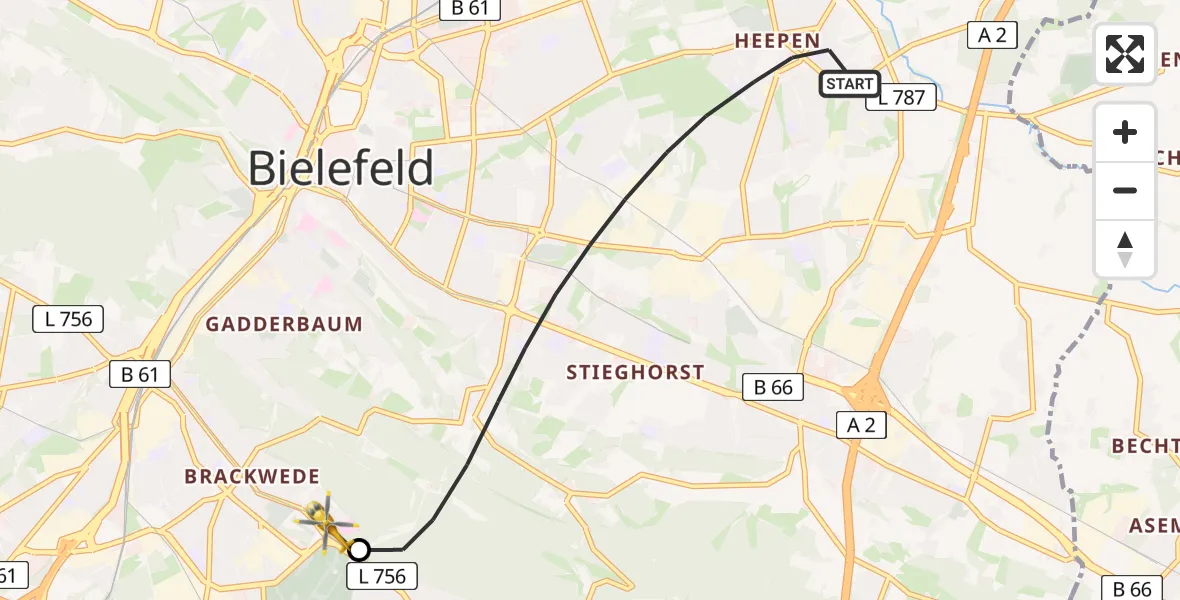 Flugroute Rettungshubschrauber Bielefeld - Luftrettungszentrum Bielefeld, 13 Mai 2026, 10:04
