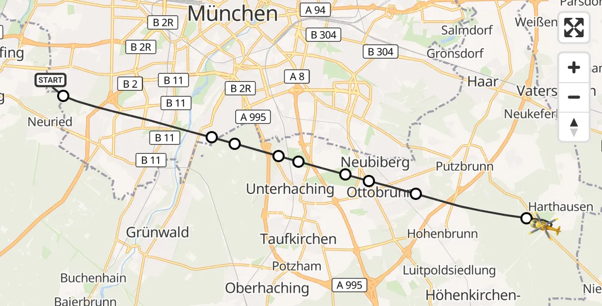 Flugroute Rettungshubschrauber DRF Air Rescue München Hubschrauberlandeplatz - Grasbrunn, 13 Mai 2026, 10:05