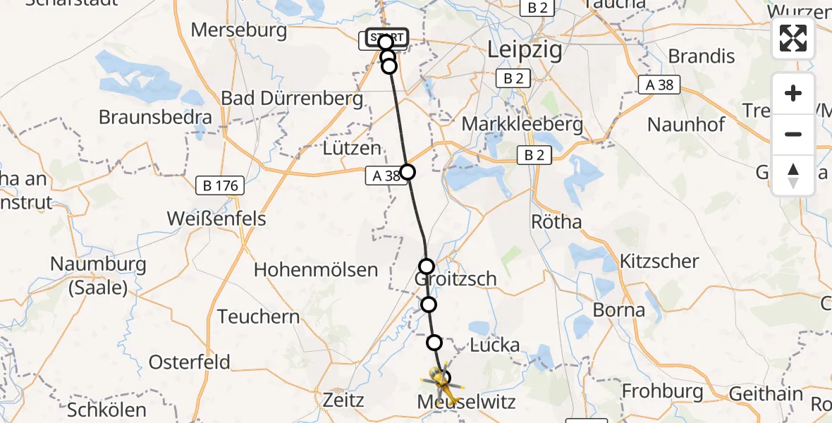 Flugroute Rettungshubschrauber ADAC Air Rescue Station Leipzig/Schkeuditz-Dölzig Hubschrauberlandeplatz (Christoph 61) - Meuselwitz, 13 Mai 2026, 10:06