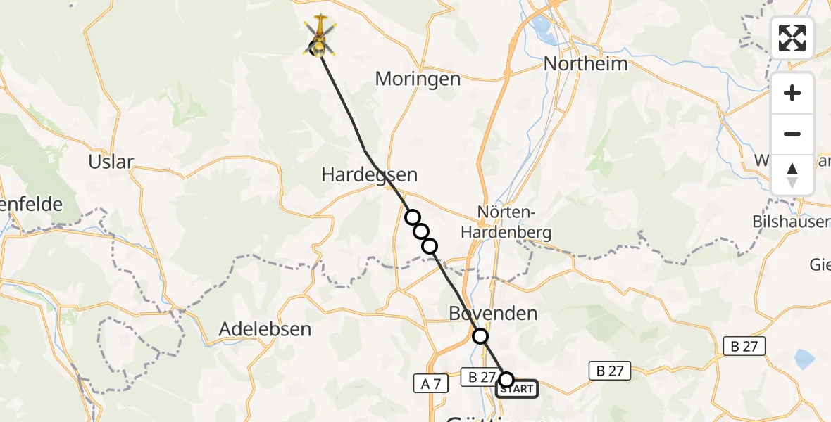 Flugroute Rettungshubschrauber Göttingen University Clinic Hubschrauberlandeplatz - Moringen, 13 Mai 2026, 10:17