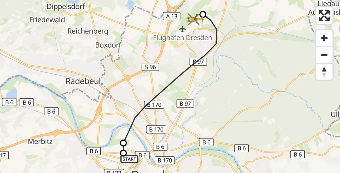 Flugroute Rettungshubschrauber Dresden Friedrichstadt Hospital - Dresden Bundespolizei Hubschrauberlandeplatz, 13 Mai 2026, 10:21