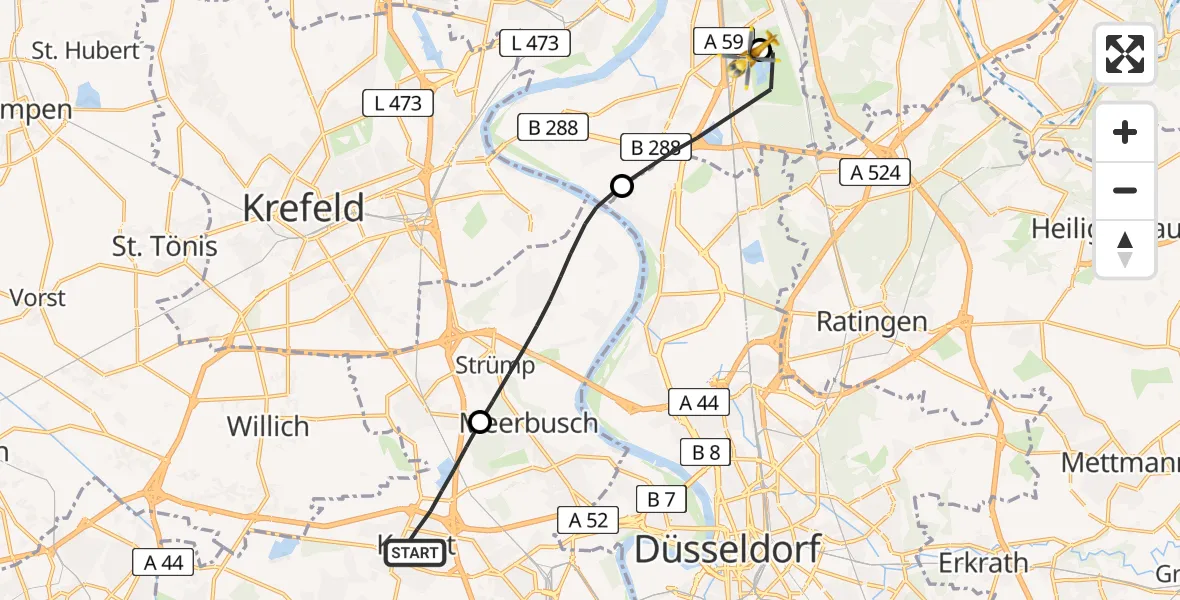 Flugroute Rettungshubschrauber Kaarst - Duisburg Air Rescue Hubschrauberlandeplatz (Christoph 9), 13 Mai 2026, 10:21