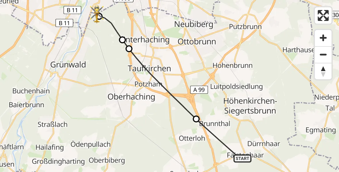Flugroute Rettungshubschrauber Brunnthal - ADAC Air Rescue Center Hubschrauberlandeplatz (Christoph 1), 13 Mai 2026, 10:33