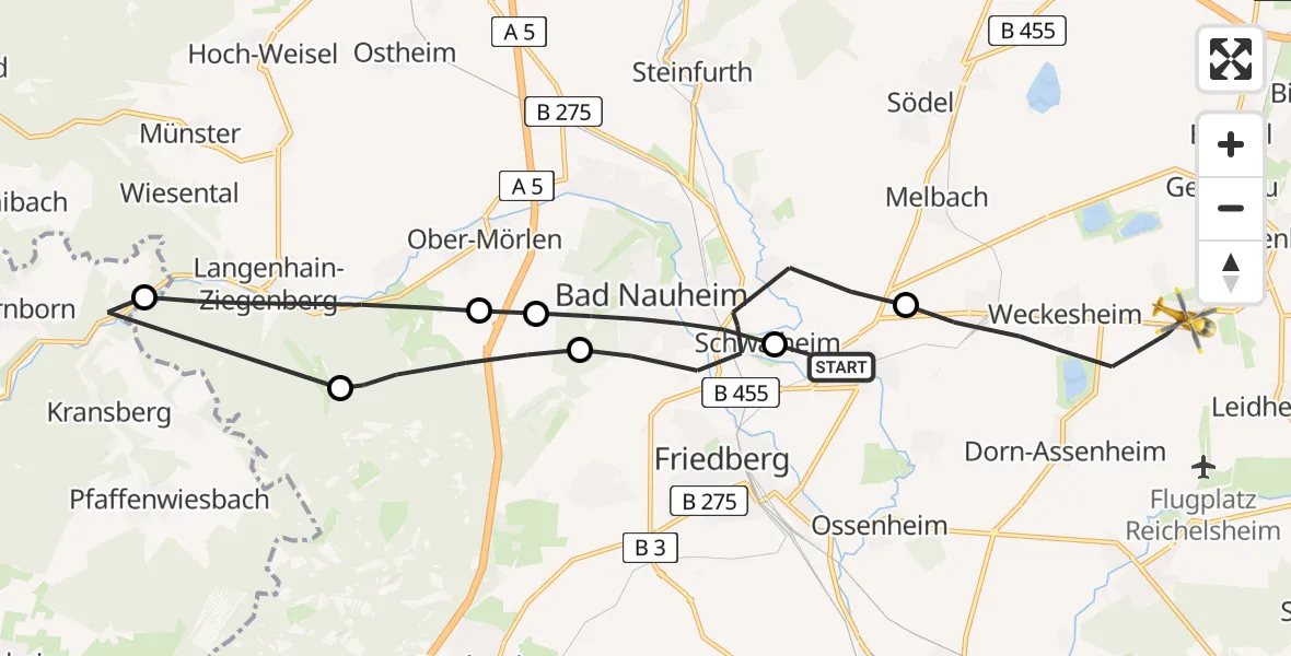 Flugroute Ambulanzhubschrauber Friedberg (Hessen) - Reichelsheim (Wetterau), 13 Mai 2026, 10:39