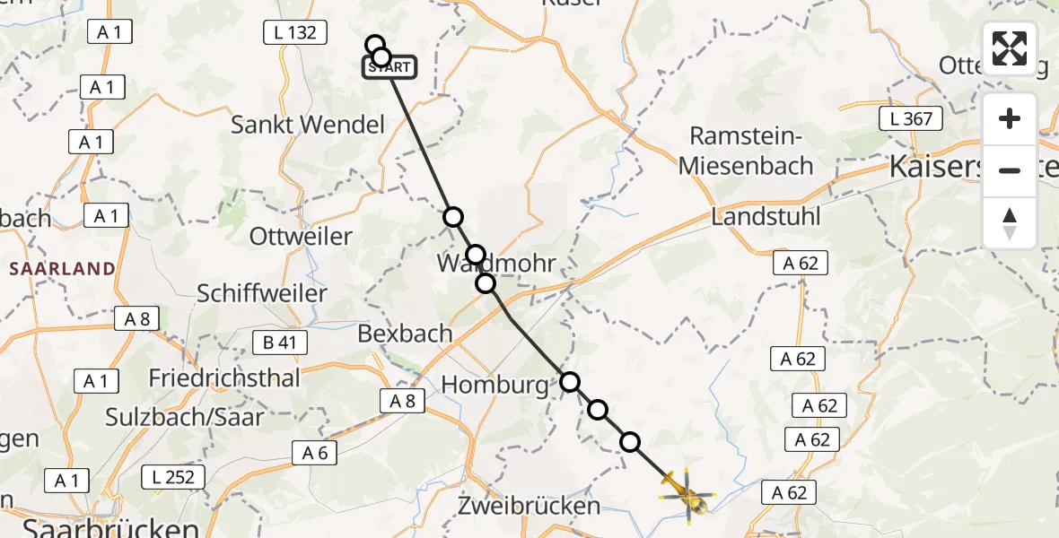 Flugroute Ambulanzhubschrauber St. Wendel - Rieschweiler-Mühlbach, 13 Mai 2026, 10:42