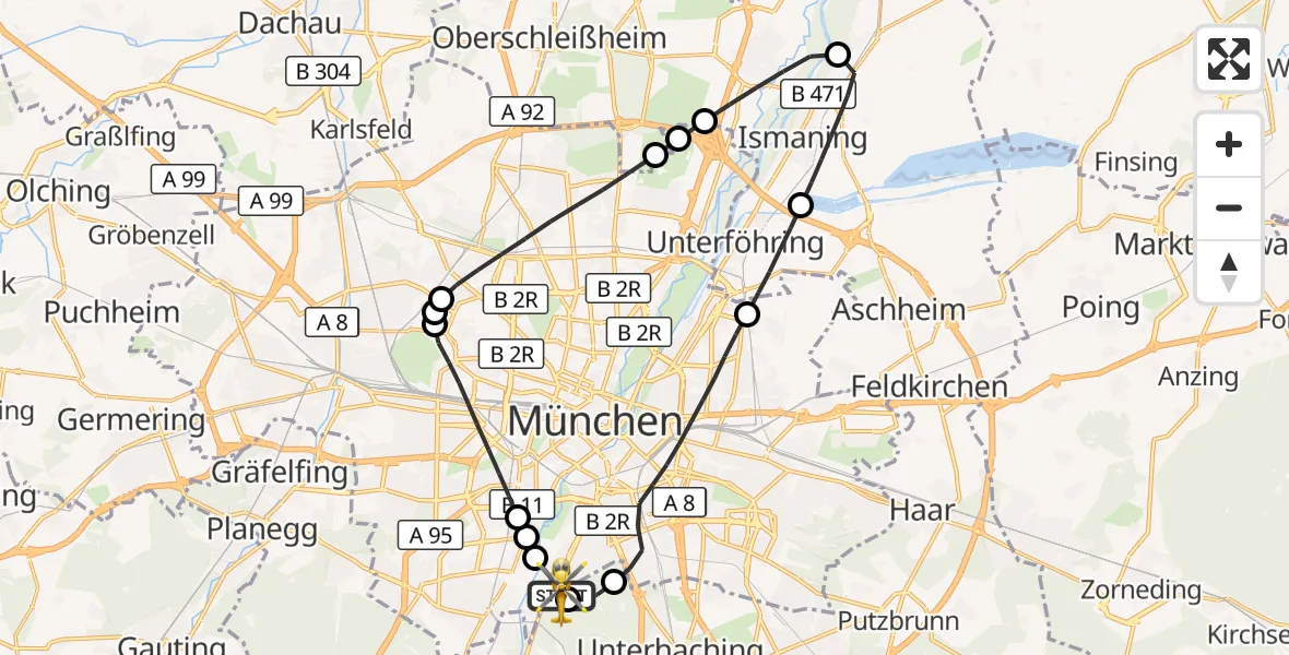 Flugroute Rettungshubschrauber ADAC Air Rescue Center Hubschrauberlandeplatz (Christoph 1) - ADAC Air Rescue Center Hubschrauberlandeplatz (Christoph 1), 13 Mai 2026, 10:43