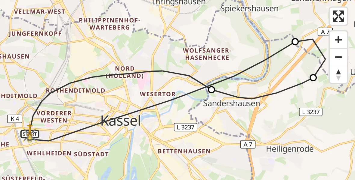 Flugroute Rettungshubschrauber Kassel - Kassel, 13 Mai 2026, 10:46