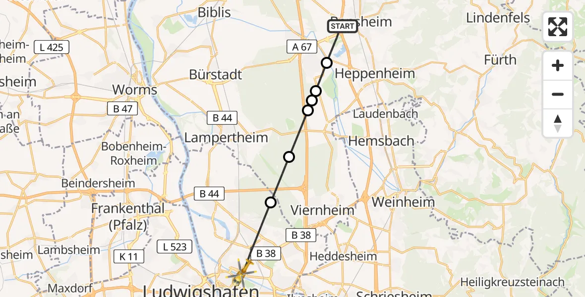 Flugroute Rettungshubschrauber Bensheim - Mannheim, 13 Mai 2026, 10:49