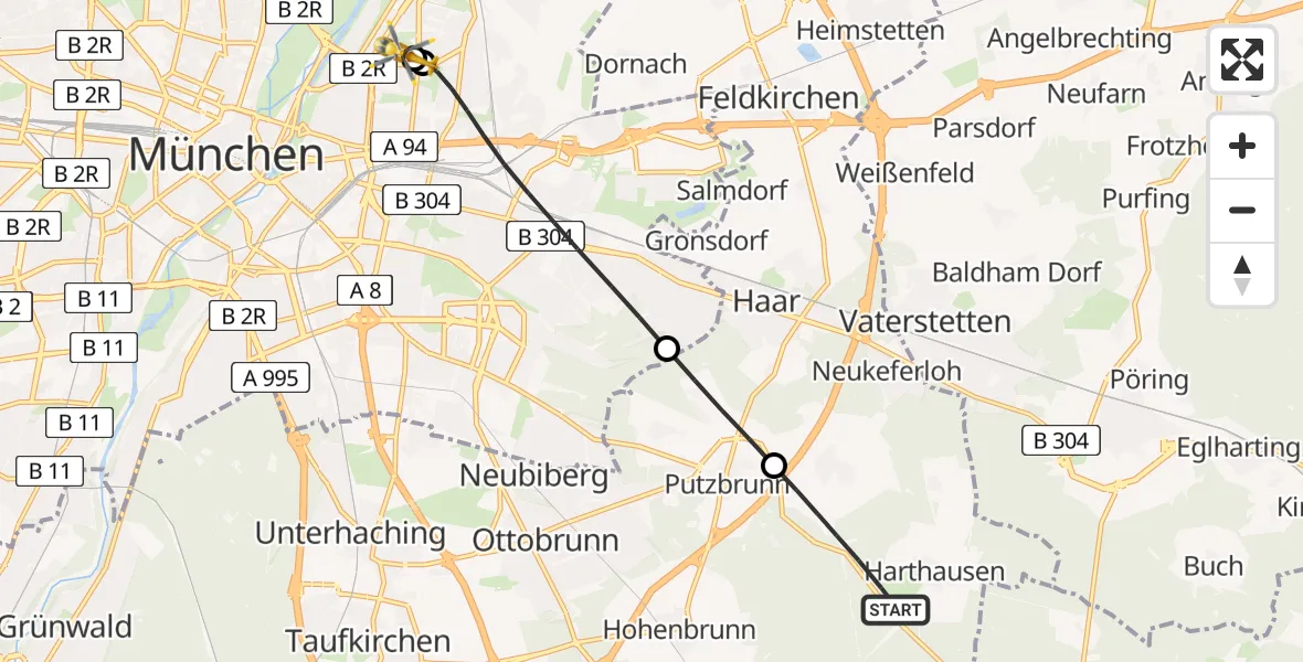 Flugroute Rettungshubschrauber Grasbrunn - München Bogenhausen Hospital, 13 Mai 2026, 10:50