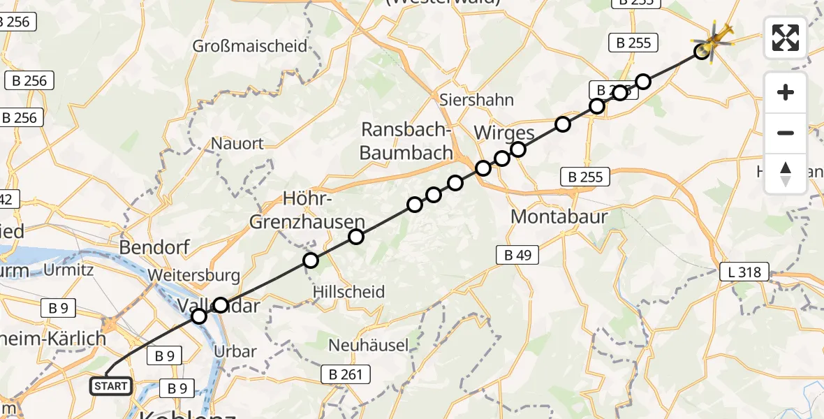 Flugroute Rettungshubschrauber Koblenz - Herschbach (Oberwesterwald), 13 Mai 2026, 11:06