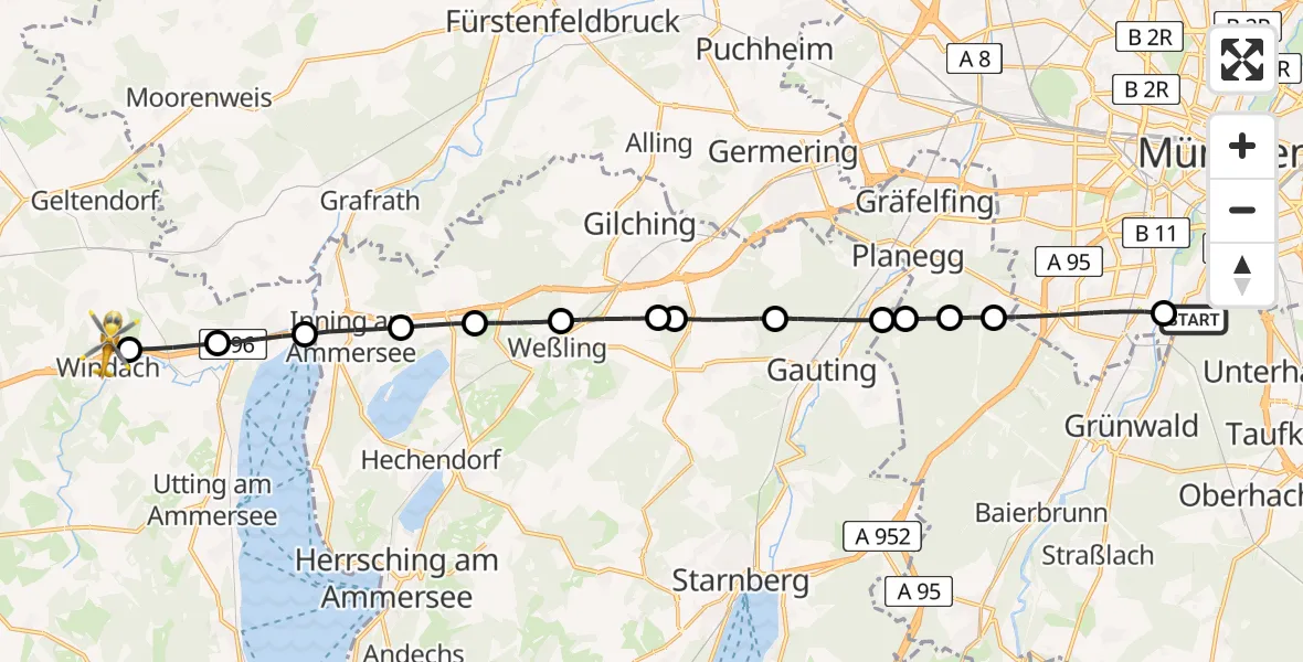 Flugroute Rettungshubschrauber ADAC Air Rescue Center Hubschrauberlandeplatz (Christoph 1) - Windach, 13 Mai 2026, 11:07