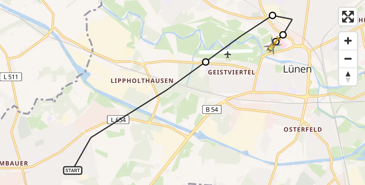 Flugroute Rettungshubschrauber Lünen - Sankt Marien Hospital, 13 Mai 2026, 11:07