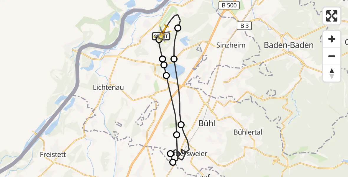 Flugroute Ambulanzhubschrauber Karlsruhe Baden-Baden Flughafen - Karlsruhe Baden-Baden Flughafen, 13 Mai 2026, 11:10