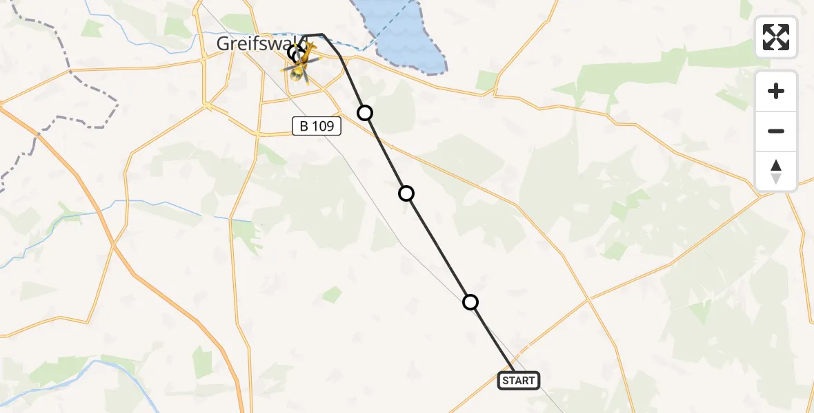 Flugroute Rettungshubschrauber Züssow - Greifswald Hospital, 13 Mai 2026, 11:12