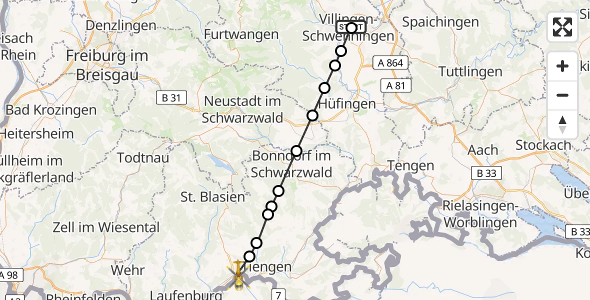 Flugroute Rettungshubschrauber DRF Air Rescue Station Villingen-Schwenningen Hubschrauberlandeplatz (Christoph 11) - Waldshut-Tiengen, 13 Mai 2026, 11:15