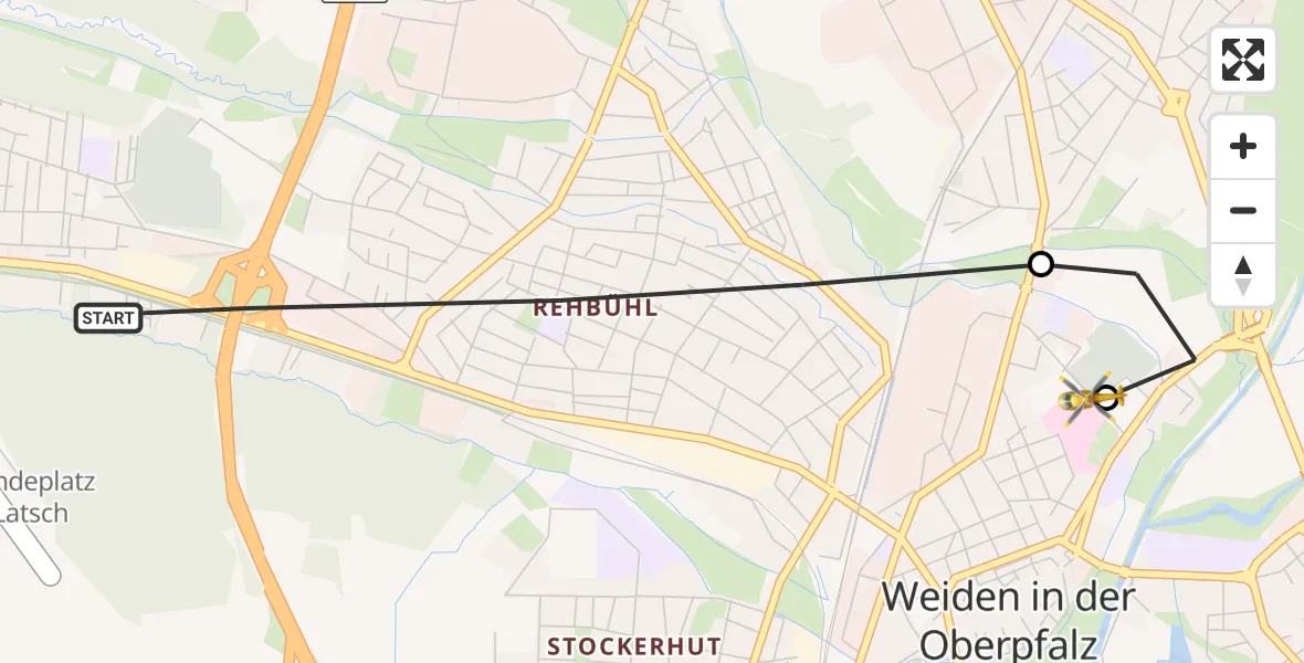 Flugroute Rettungshubschrauber Weiden i.d.OPf. - Weiden Hospital, 13 Mai 2026, 11:16