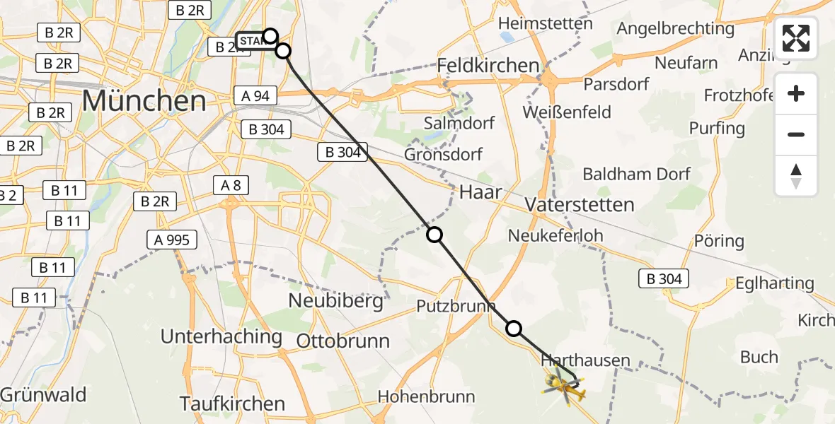 Flugroute Rettungshubschrauber München Bogenhausen Hospital - Grasbrunn, 13 Mai 2026, 11:23