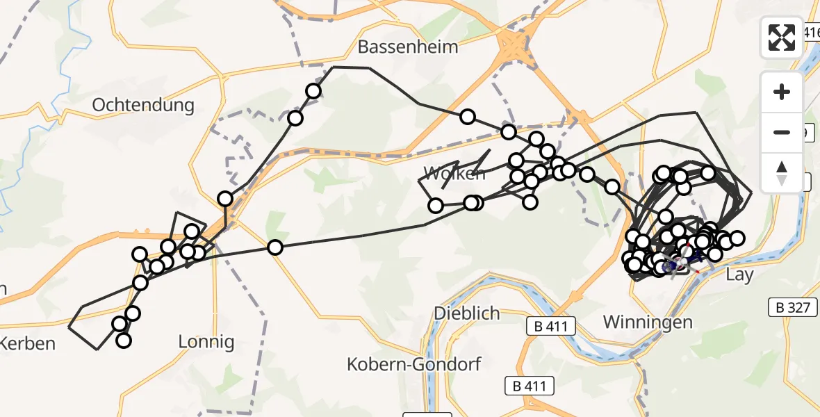 Flugroute Polizeihubschrauber Koblenz-Winningen Flugplatz - Koblenz-Winningen Flugplatz, 13 Mai 2026, 11:26