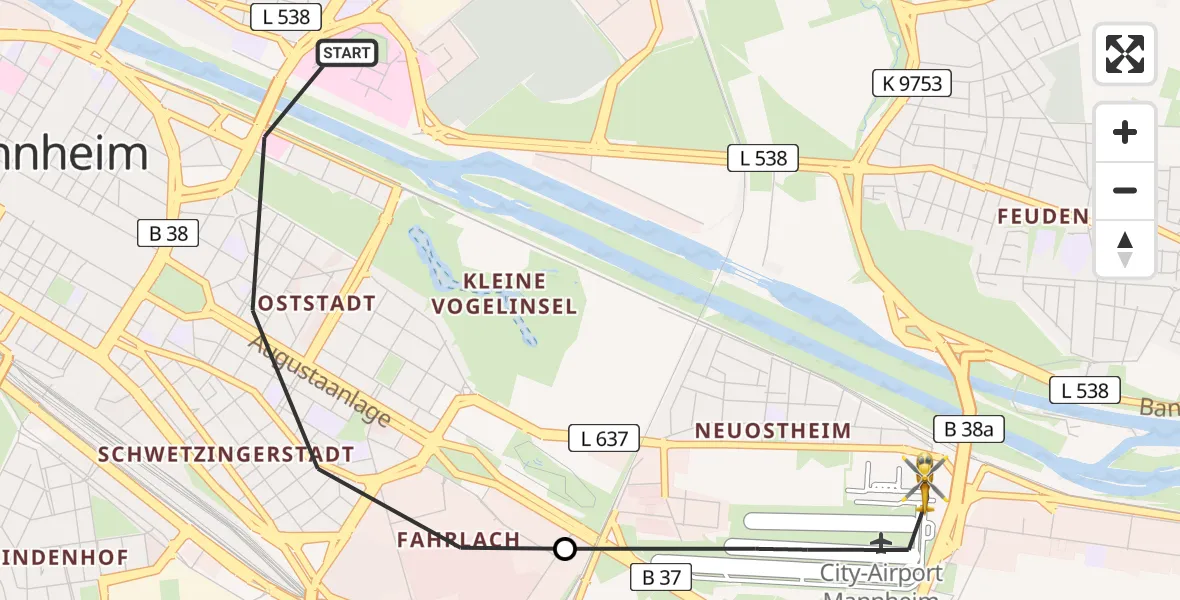 Flugroute Rettungshubschrauber Mannheim - Mannheim-City Flughafen, 13 Mai 2026, 11:28
