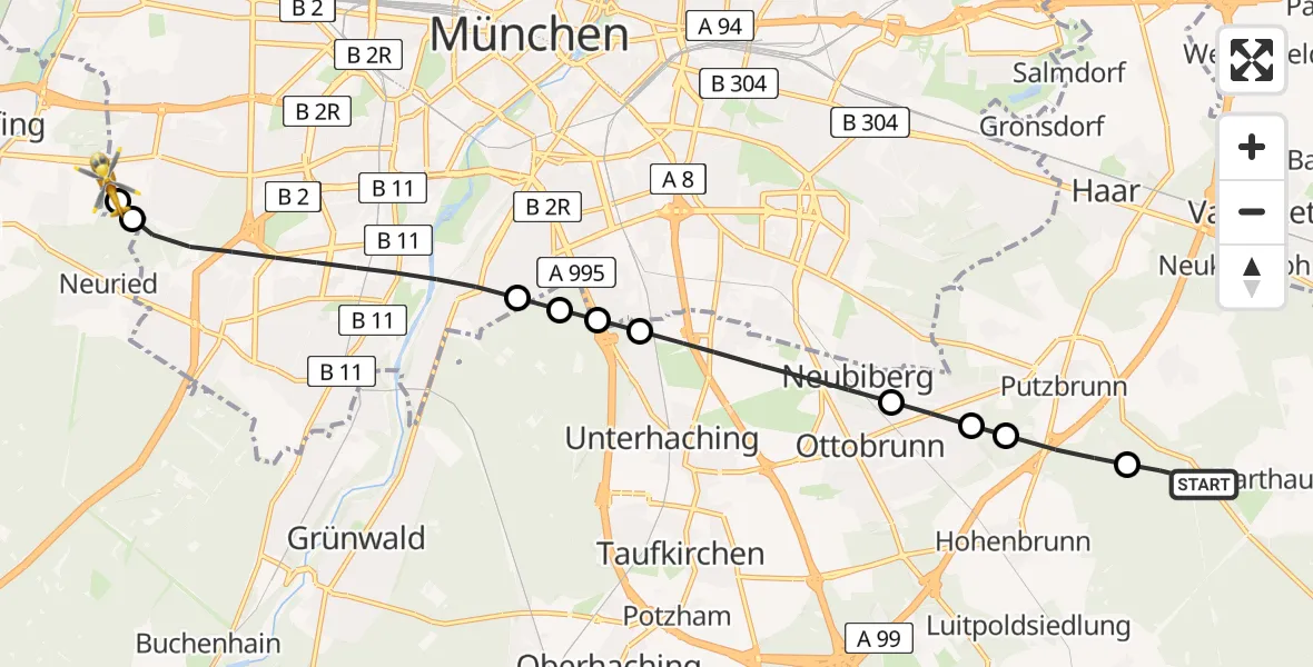 Flugroute Rettungshubschrauber Grasbrunn - DRF Air Rescue München Hubschrauberlandeplatz, 13 Mai 2026, 11:31