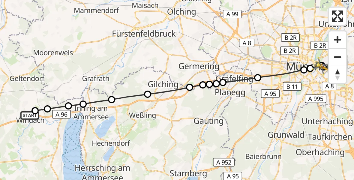 Flugroute Rettungshubschrauber Windach - Rechts der Isar University Hospital, 13 Mai 2026, 11:38