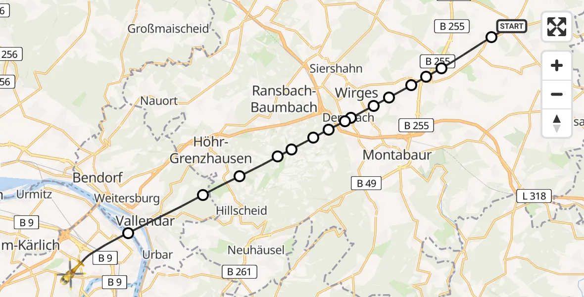 Flugroute Rettungshubschrauber Herschbach (Oberwesterwald) - Koblenz, 13 Mai 2026, 11:39