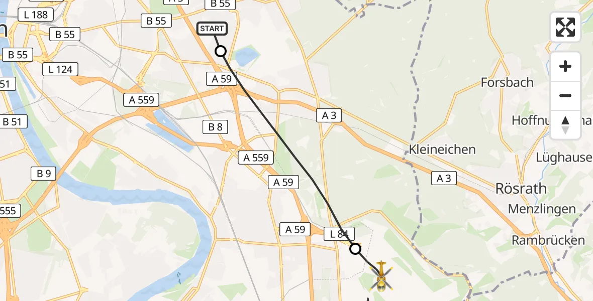 Flugroute Rettungshubschrauber Merheim Hospital - Köln Bonn Flughafen, 13 Mai 2026, 11:39
