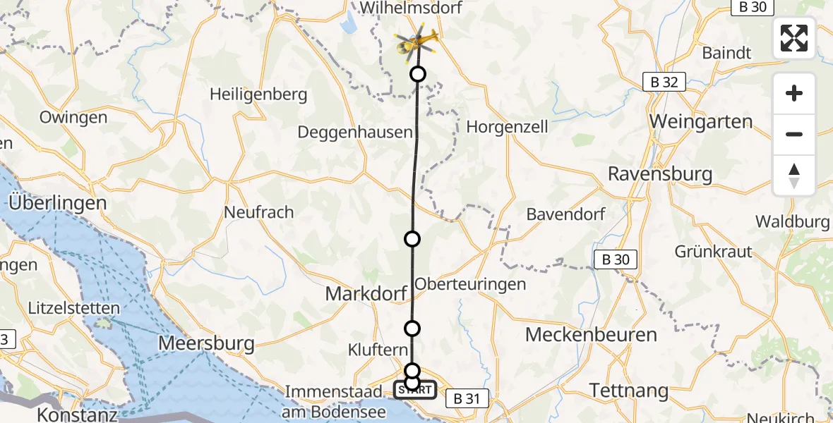 Flugroute Rettungshubschrauber Friedrichshafen Hospital - Wilhelmsdorf, 13 Mai 2026, 11:40